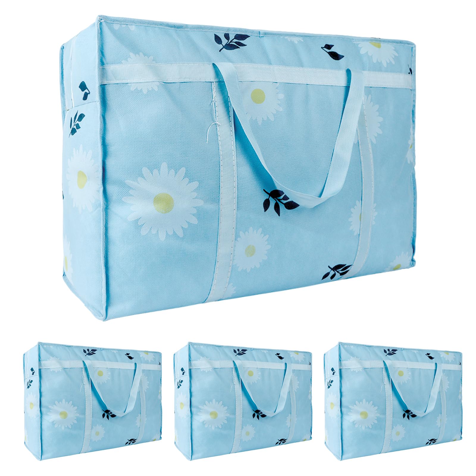 3Pcs 58L Large Clothes Storage Bag with Handles, Heavy Duty Moving Bags 58x40x25cm, Reusable Zip Packing Bags for Travel Home Dorm Christmas Storage (Blue)