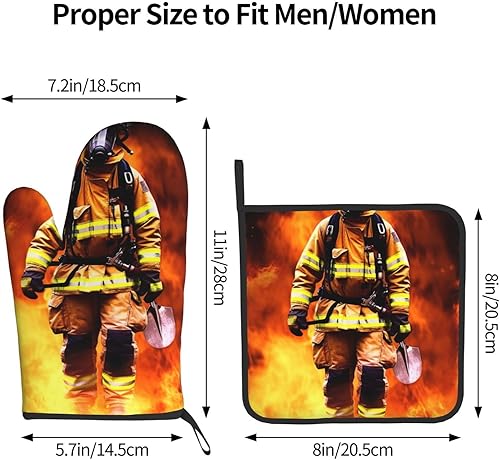 Miniatura 2 de Guantes de horno y soportes para ollas resistentes al calor de bombero, bombero, juego de 2 piezas, tela de poliéster impermeable