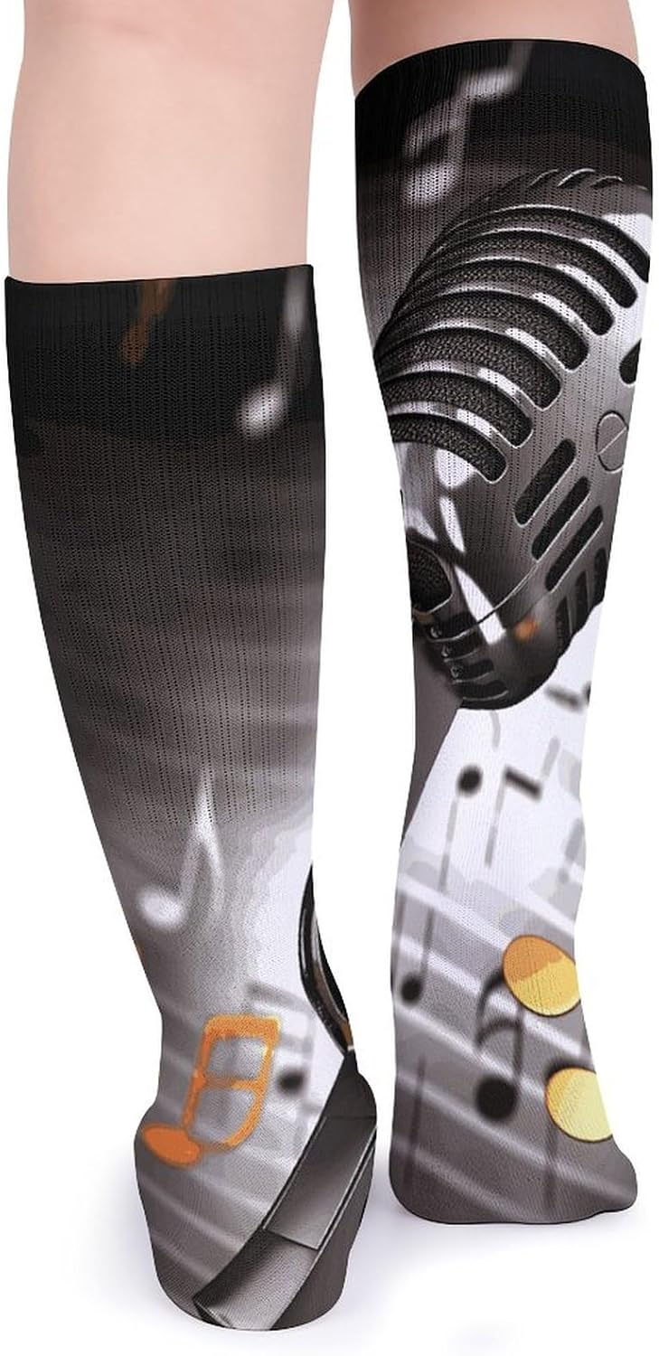 Super Value Fashion Large Chemical Fiber Men's And Women's Breathable Microphone with Music Notes Printed Stockings 5 Pairs of Super Soft Non-binding Moisture Wicking Christmas Socks 15.7 in