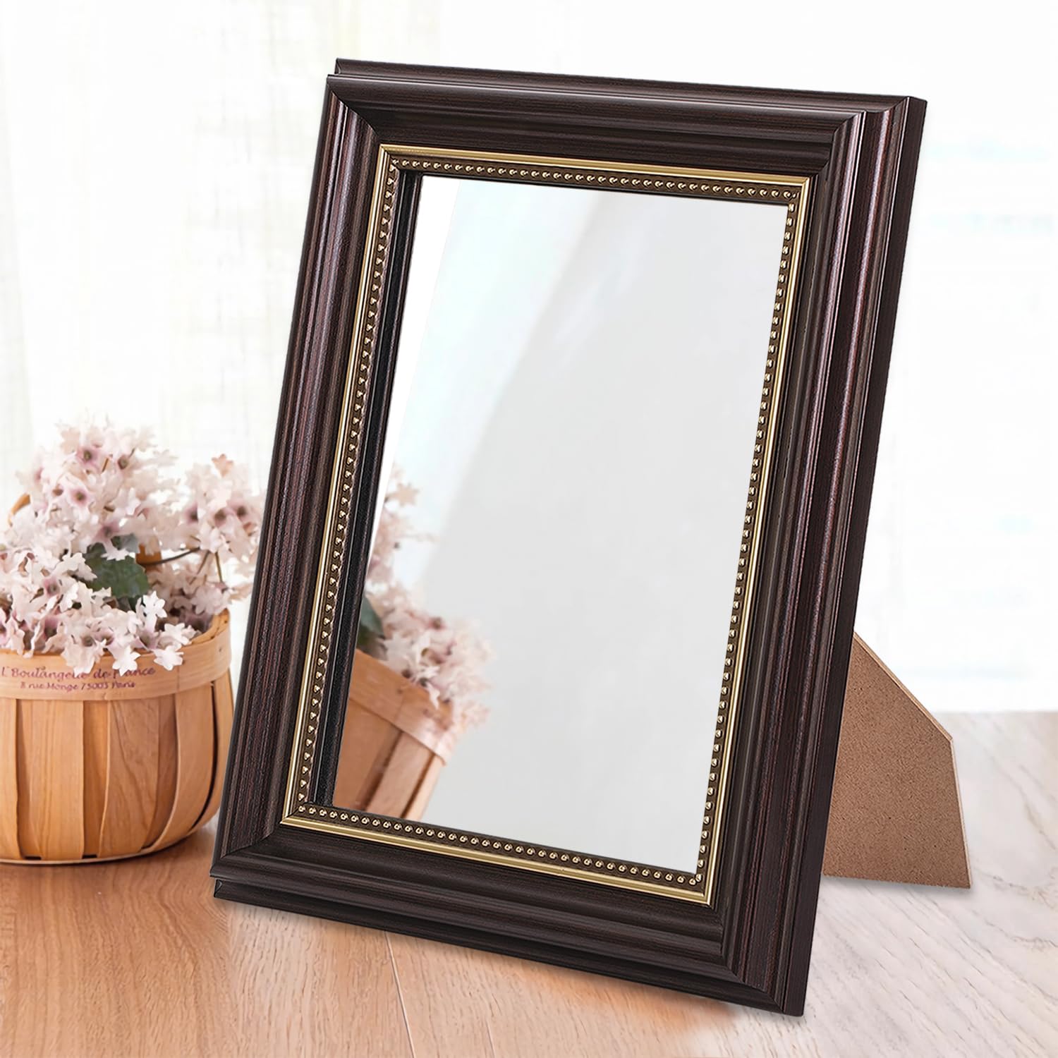 HLFMVWEVintage Rustic Wood Framed Vanity Makeup Mirrors Rectangular Antique Small Standing Mirror for Tabletop, Countertop, Bedroom,Bathroom,Living Room, Office, Bathroom 10"x 8"