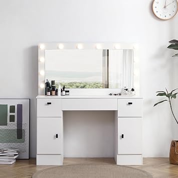 Vanity Desk with Mirror and Lights, Vanity Dresser Combo with 3 Drawers for Dressing Table and Storage Cabinet, Adjustable Brightness in 3 Color Lighting Modes, White