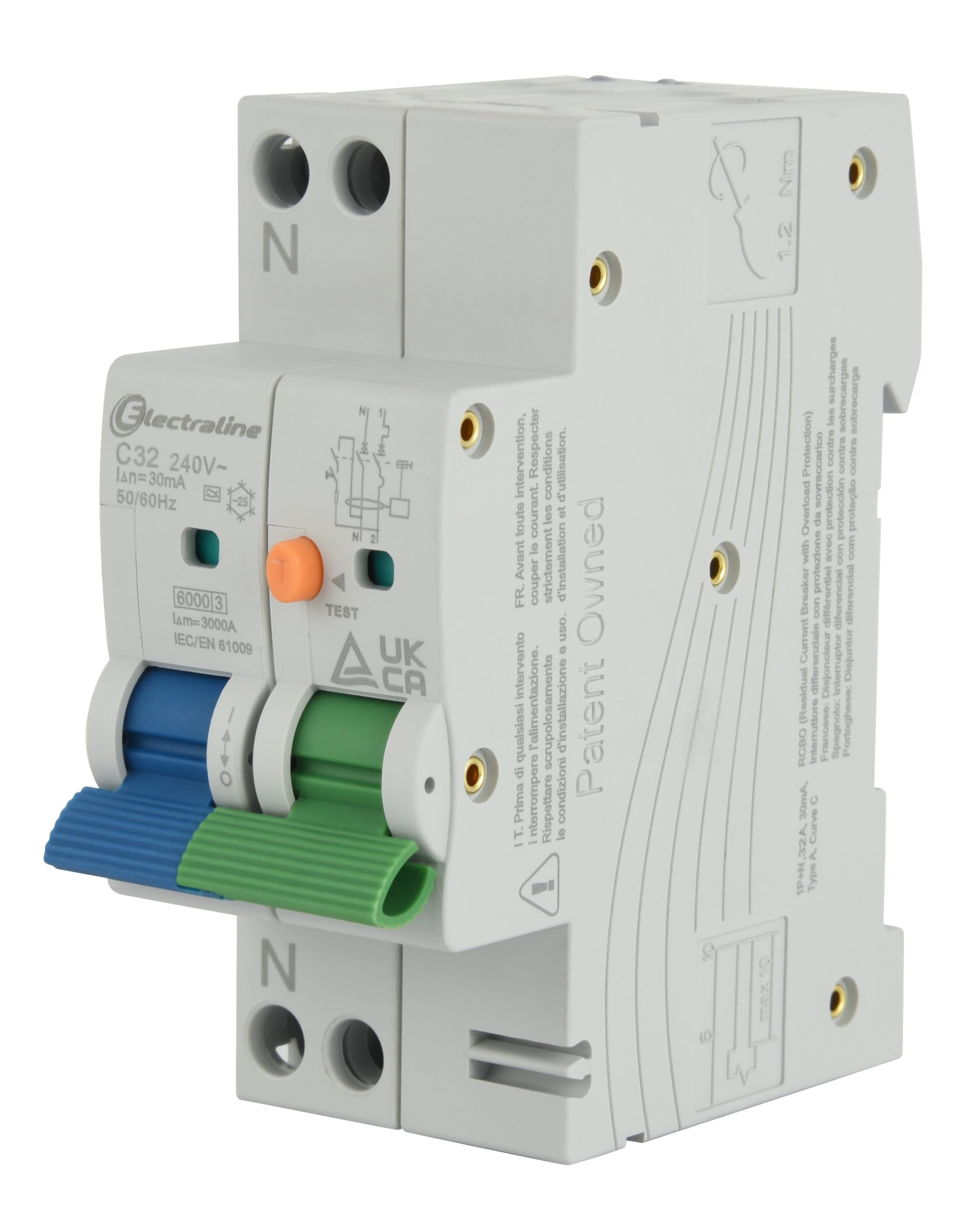 Electraline 87015 Disjoncteur différentiel (RCBO), 32A, type A, courbe C, sensibilité 30mA, connexion 1P+N