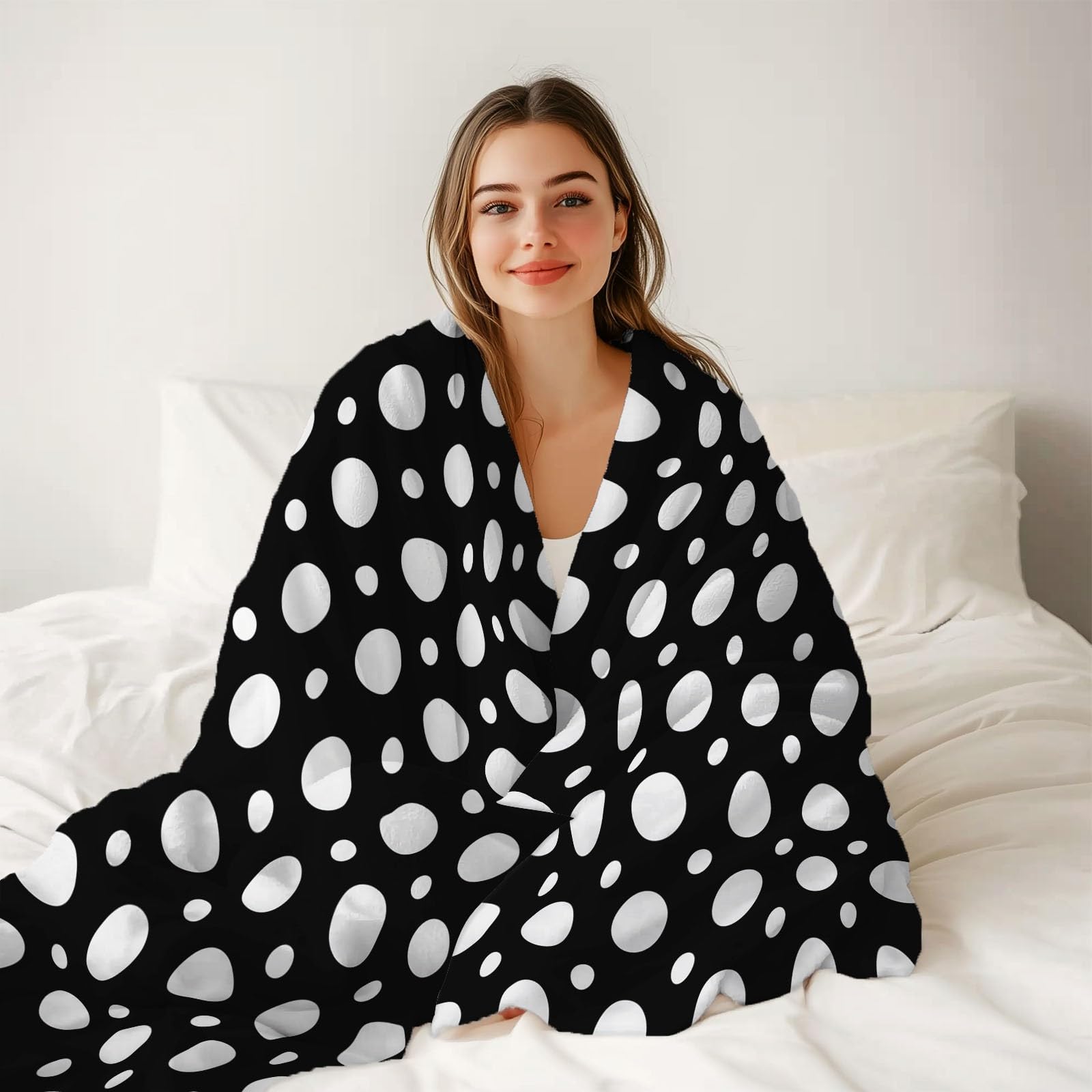 Manta de Franela Puntos Simples para Mujeres y Hombres, Manta de Felpa de Franela Suave para sofá Cama, decoración de habitación Infantil 200 x 220 cm Blanco Negro