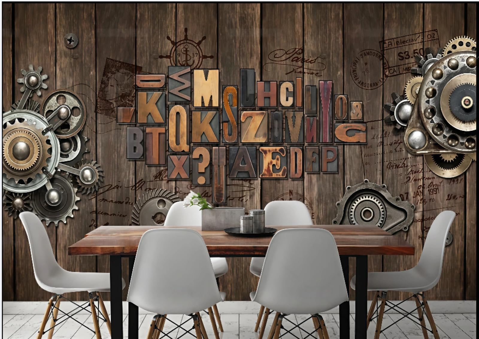 Tapeta Retro Niestandardowa przekładnia drewniana deska trójwymiarowa angielskie litery bar jadalnia tło ściana tapeta zachodnia restauracja napoje kawa mural, 3D, 200x140