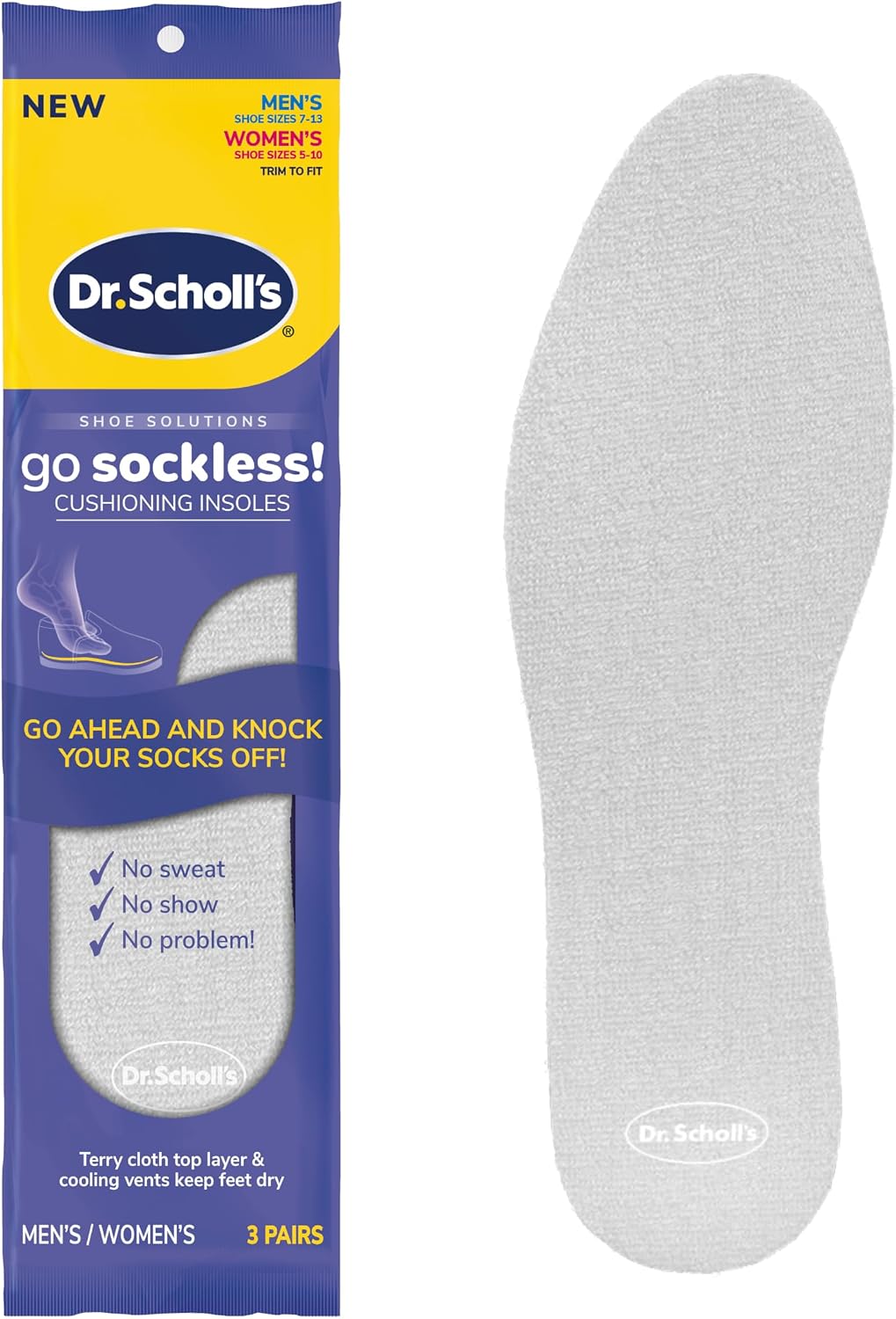 Dr. Scholl&amp;#39;s Go Sockless! Cushioning Insoles, Unisex, 3 Pairs, Trim to Fit Inserts