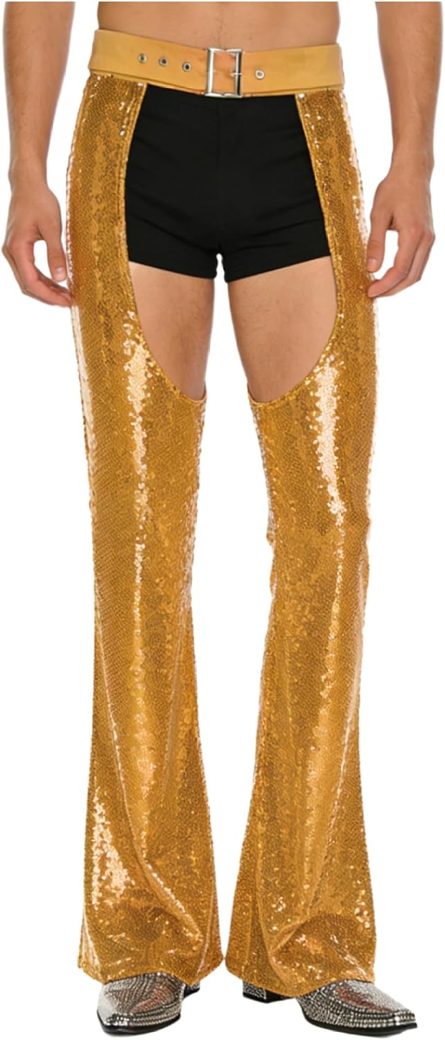 Men's Masquerade Party Chaps Glittery Sequin Adjustable Waist Hollow Out Flared Lined Pants