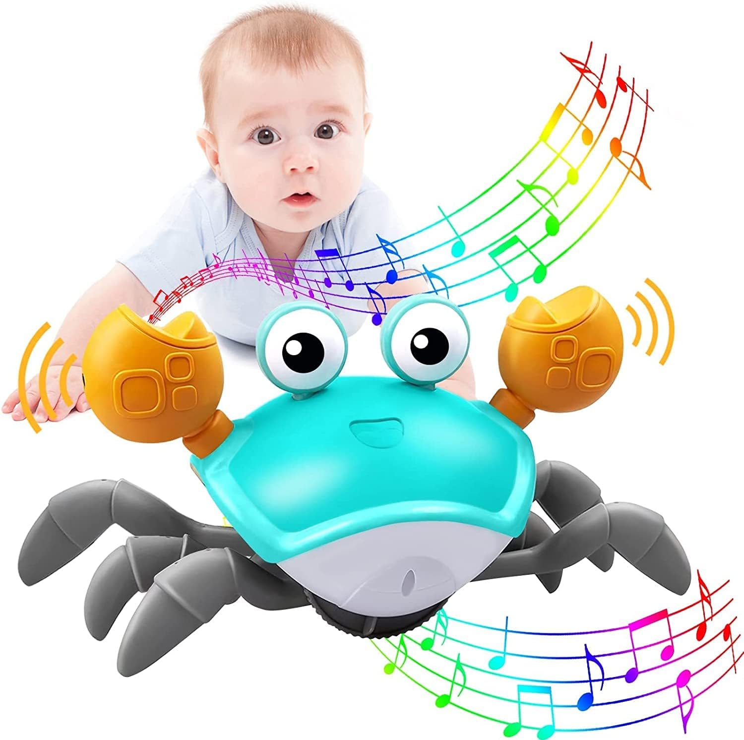 DOBROS Crawling Crab Baby Toy for Kids Infant & Toddlers Tummy Time Walking Crab Toy with Musical LED Light, Improve Motor Skills Electric Sensor Avoid Obstacles, Gift for Boy-Girl - Rechargeable