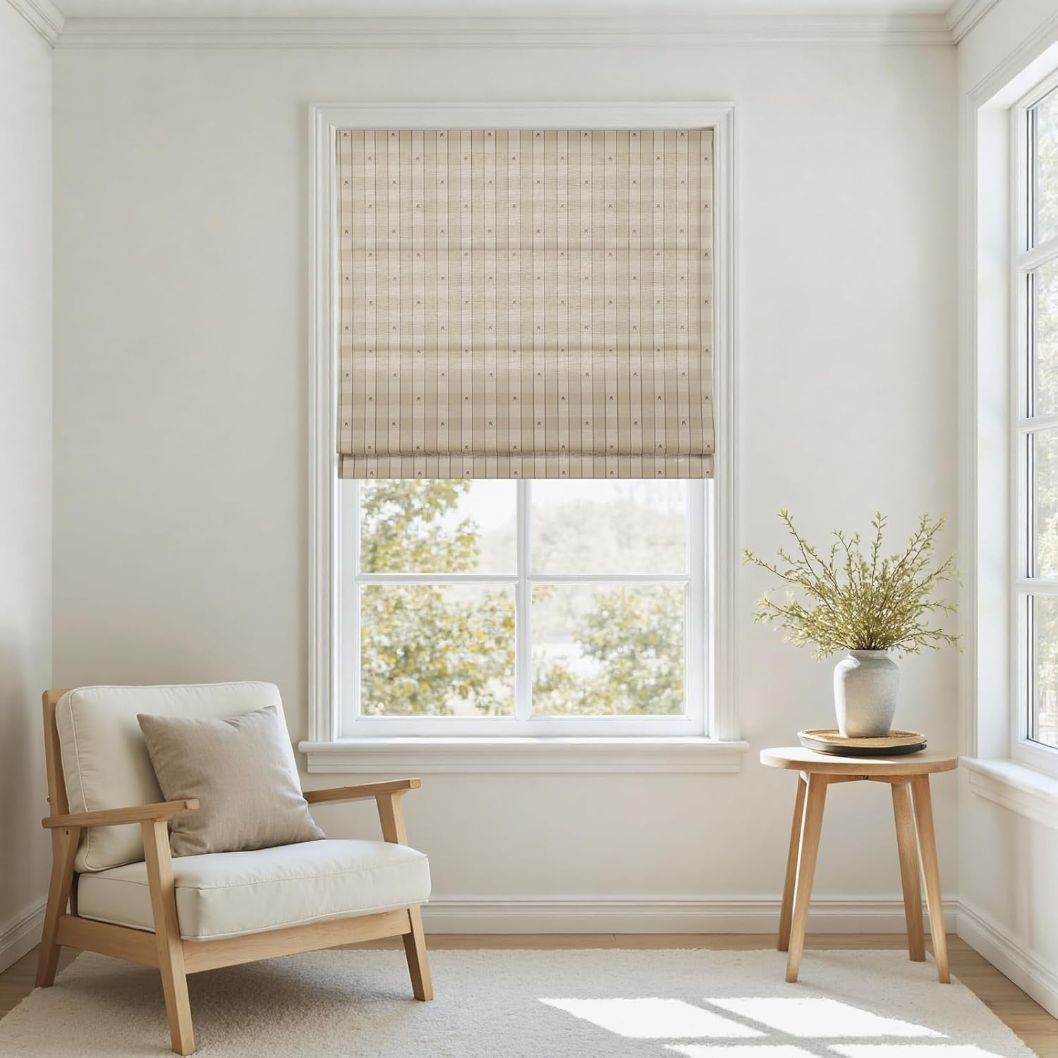 TWOPAGES x Rebecca Hughes Plaid Patterned Roman Shades for Indoor Window,Custom Cotton Cordless Roman Blinds for Bedroom Living Room Bathroom French Door