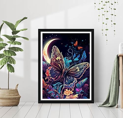 Miniatura 2 de Miairivy Kits de pintura de diamantes para adultos, mariposa en la noche iluminada por la luna, arte de diamantes de taladro completo 5D, juego de