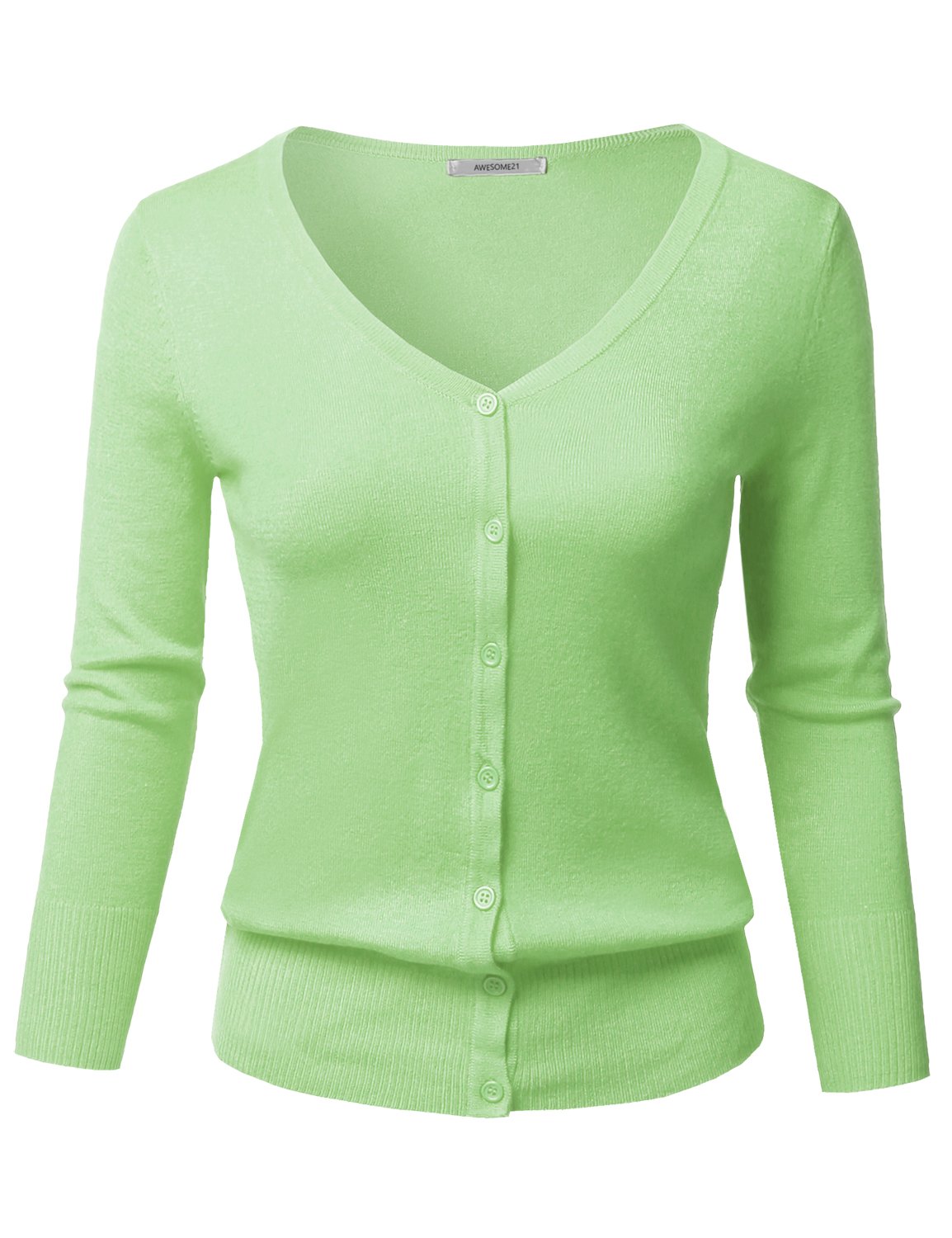 Women's Solid Button Down V-Neck 3/4 Sleeves Knit Cardigan