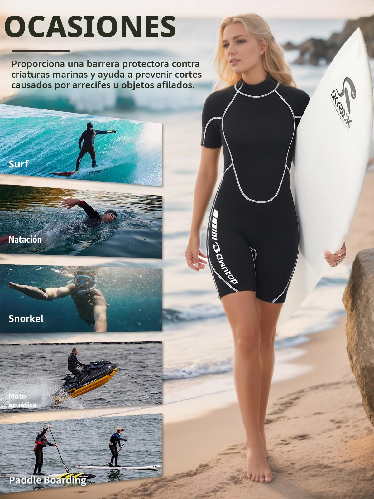 Owntop Traje de Neopreno Shorty 3/2mm Mujeres - Trajes de Buceo con Cremallera Trasera para Buceo Surf, Manga Corta Neopreno Elástico Wetsuit para Deportes Acuáticos, Mujere Negro M