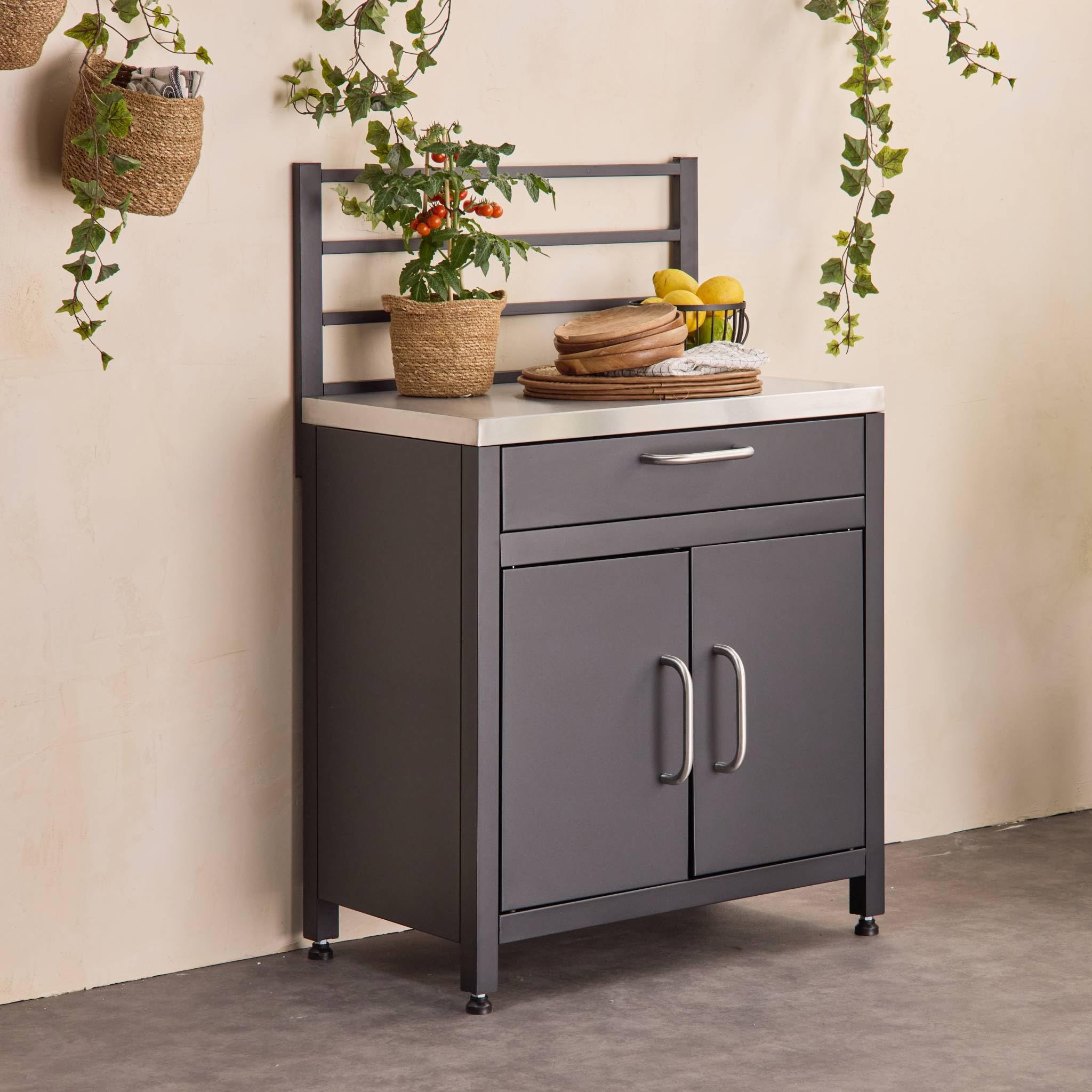 sweeek - Meuble de cuisine extérieure en acier avec 1 tiroir et 2 portes et 1 grille de suspension L80