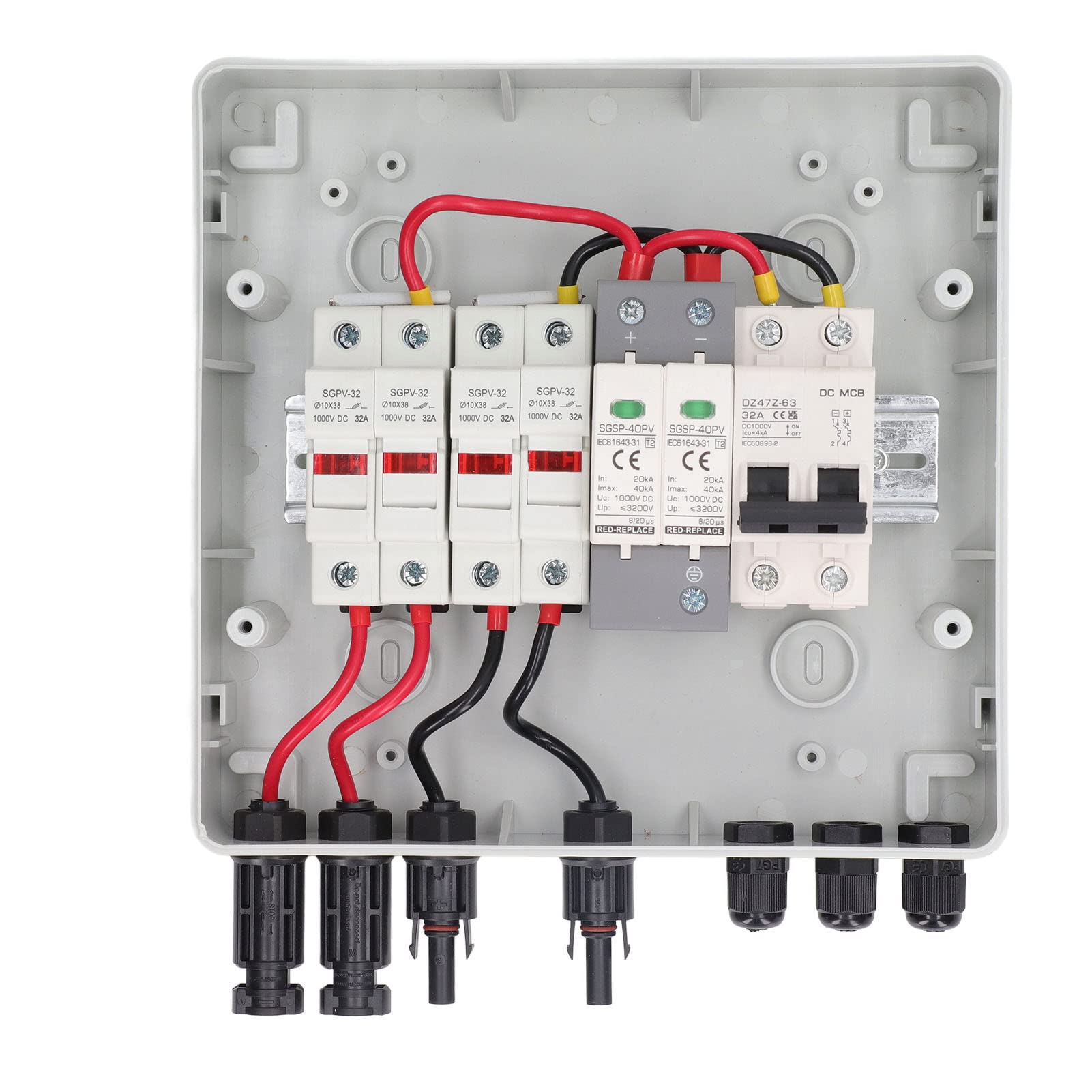 Scatola Combinatrice Solare Fotovoltaica a 4 Stringhe, Scatola di Distribuzione Fotovoltaica PC PA66 DC1000V 15A Fusibile 32A Interruttore, 2 in 2 out Protezione Contro i Fulmini IP65 per