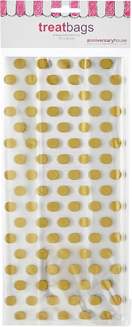 Anniversary House Gold Polka Dot Cello Bags with Twist Ties,12.5 x 28.5 CM