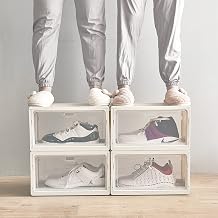 Shoe Storage Boxes,Pack of 6 Stackable Shoe Organizer,Sturdy Foldable sneaker storage and Easy Assemble Shoe Containers Clear Plastic shoe bins with Lid for US Size 13(14.6”x 10.6”x 8.3”)