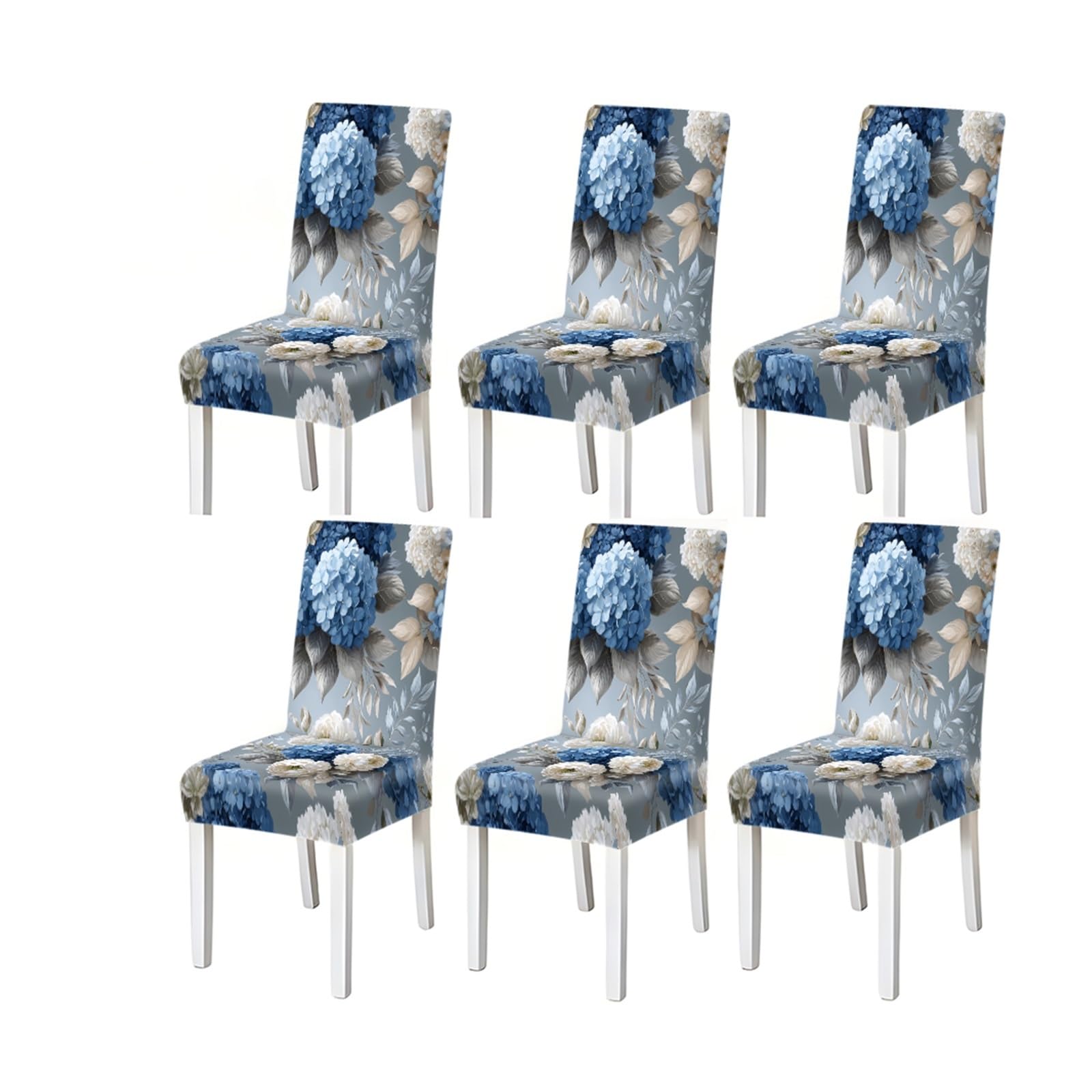 KXUAUV Grey Blue White Hydrangea Floral Print Dining Chair Covers, Stretch Slipcovers For Home Kitchen Dining Room Party, 2/4/6PCS Seat Protectors for Restaurant Hotel Party(6PCSChair cover)