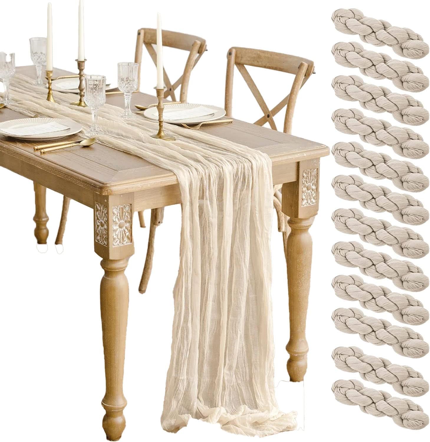 Photo 1 of 12 Pcs Beige Cheesecloth Table Runner 13ft Boho Gauze Cheesecloth Table Runner 160 inch Long for Christmas Wedding Bridal Baby Shower Birthday Table Decorations
