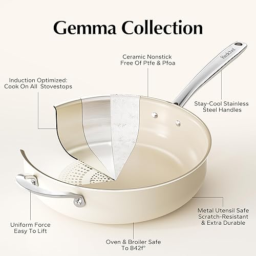 Miniatura 4 de Redchef Sartén de cerámica con tapa, sartén profunda antiadherente, olla jumbo de 5 cuartos con mango auxiliar y tapa, sartén de cerámica no tóxica,