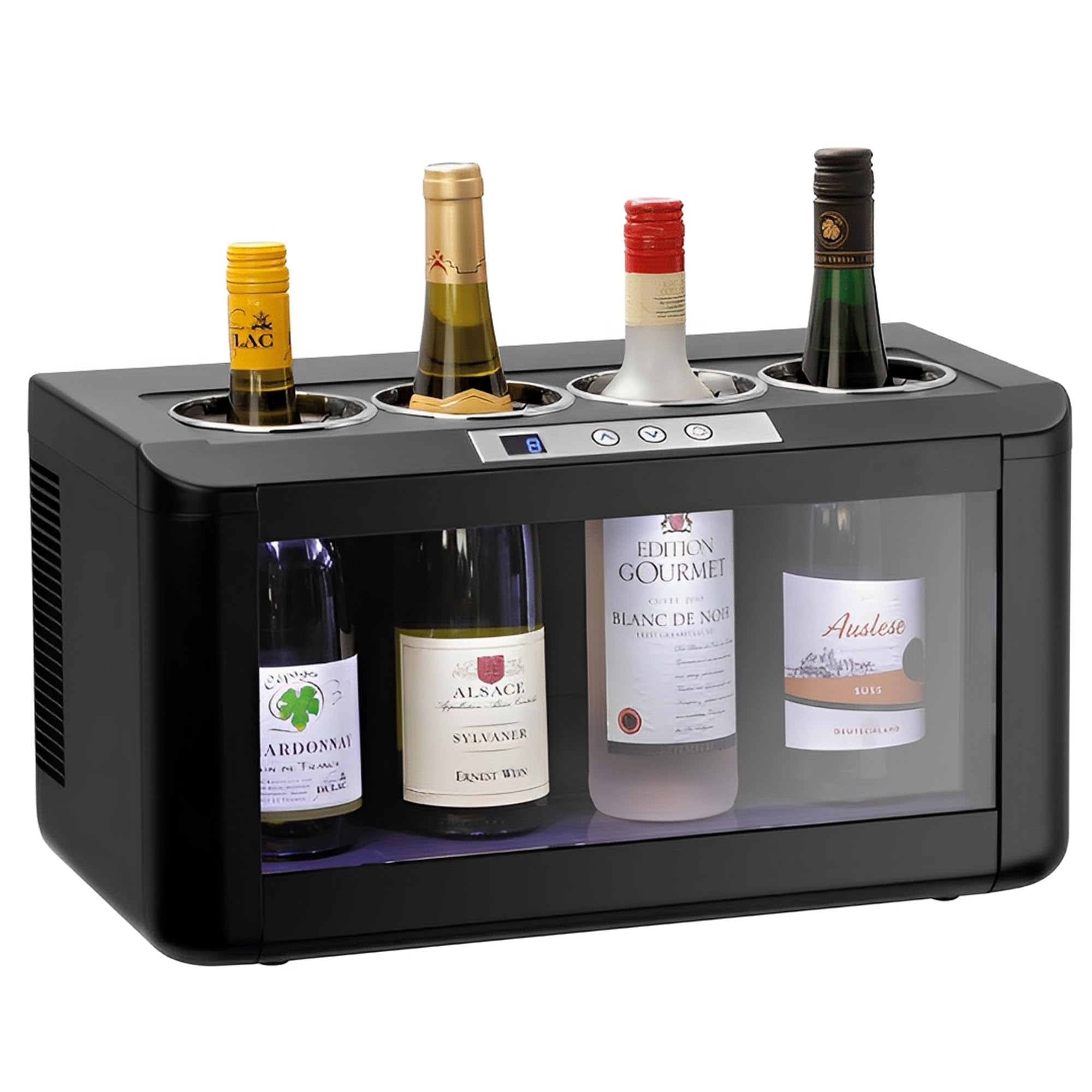 MBH - Enfriador de 4 botellas de vino eléctrico profesional de 5 °C a 18 °C con luz LED para hostelería. Cava de vino, vinoteca, frigorífico expositor sobre mostrador para 4 botellas de vino.