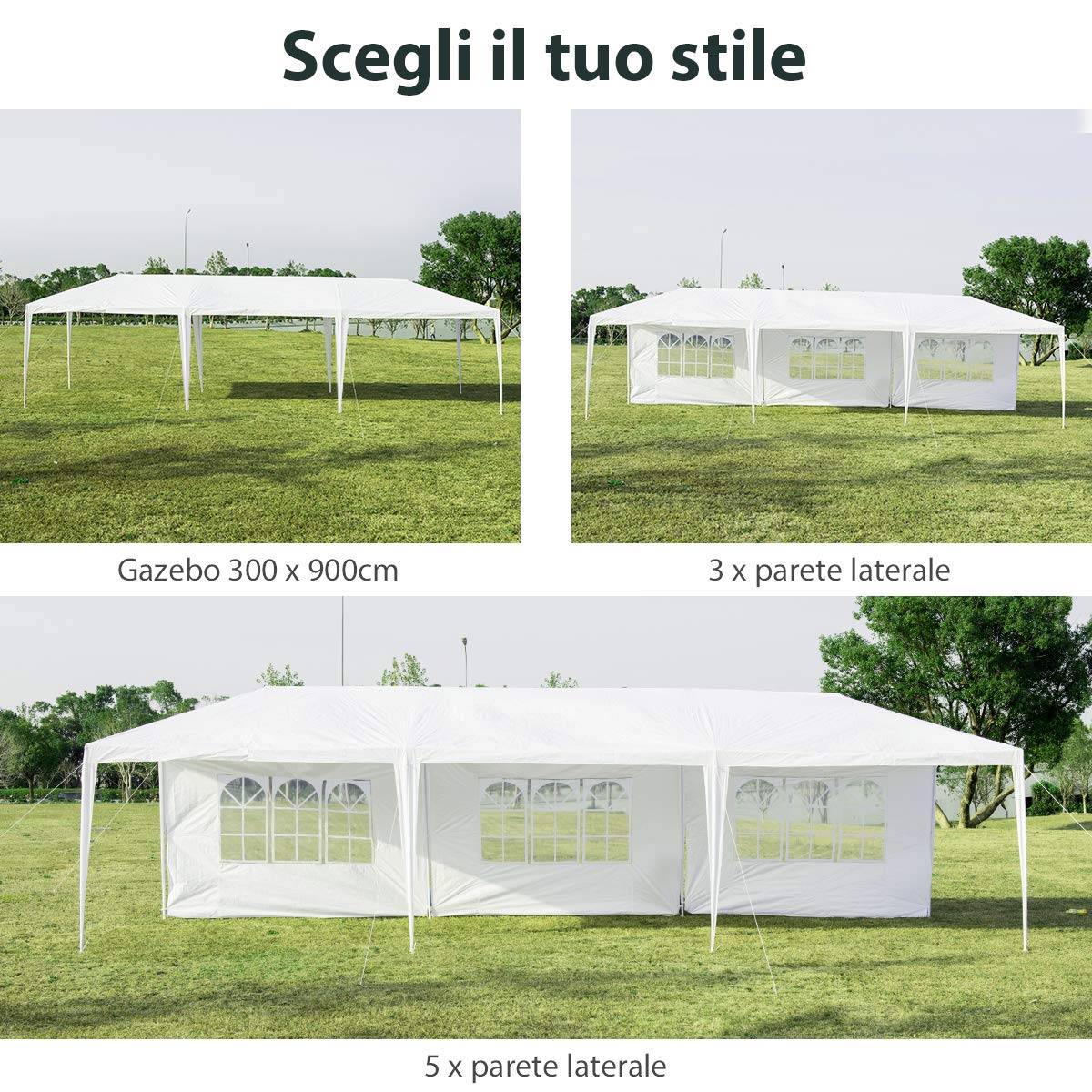 COSTWAY Gazebo da Giardino 3 x 9 m, Tendone per Feste con 5 Pannelli Laterali Rimovibili, Impermeabile Protezione UV, per Matrimonio Eventi e Barbecue