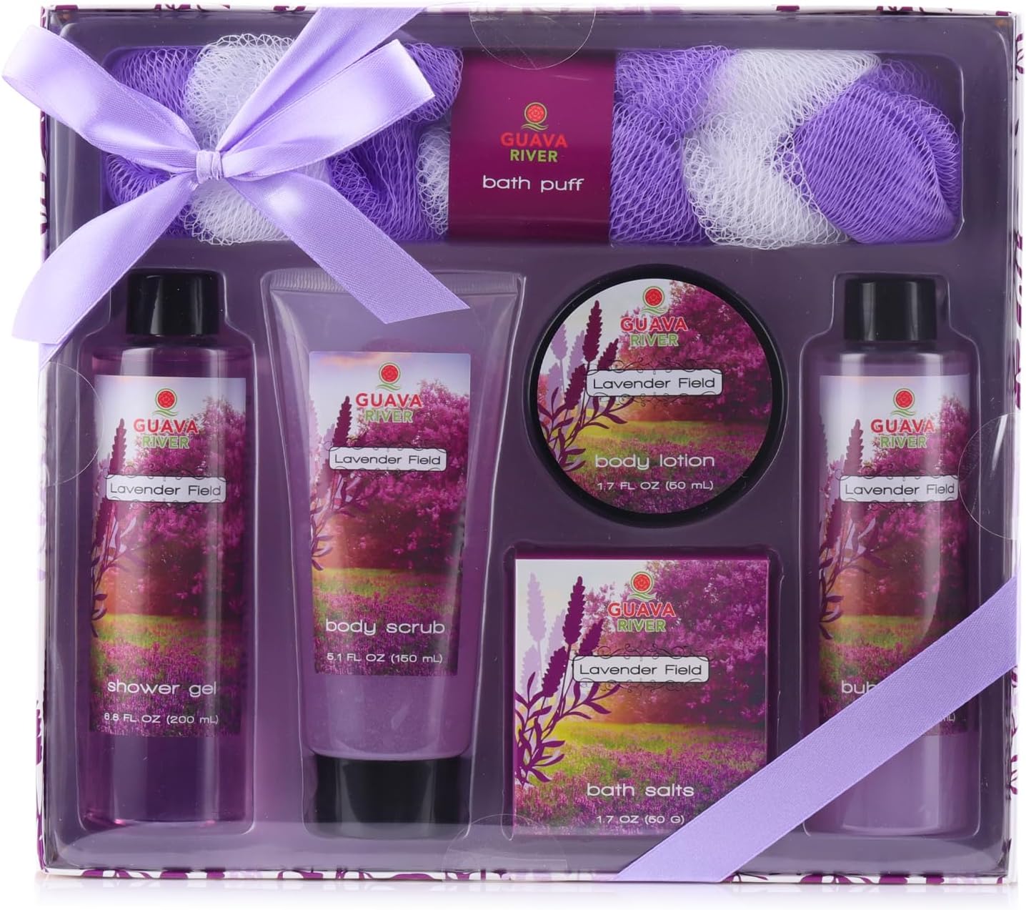 Lavender Fields Bath and Body Gift Set for Women. Home Spa set includes shower gel, bubble bath, body scrub, body lotion, bath salt and Loofa