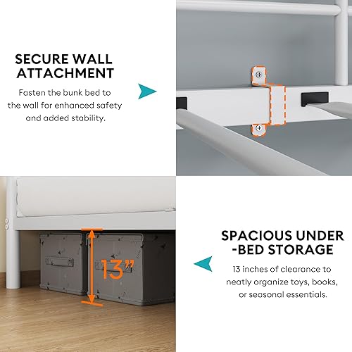 Miniatura 7 de Litera de Metal Completa sobre Completa con Luces LED, Estación de Carga USB, 2 Cajones, Rieles de Protección y Escalera  No Necesita Somier, Fácil