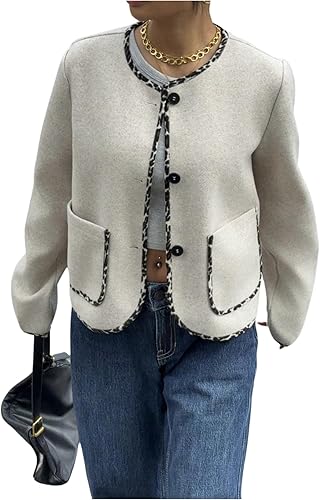 GORGLITTER Women's Cropped Jacket Button Up Leopard Trim Fall Dressy Long Sleeve