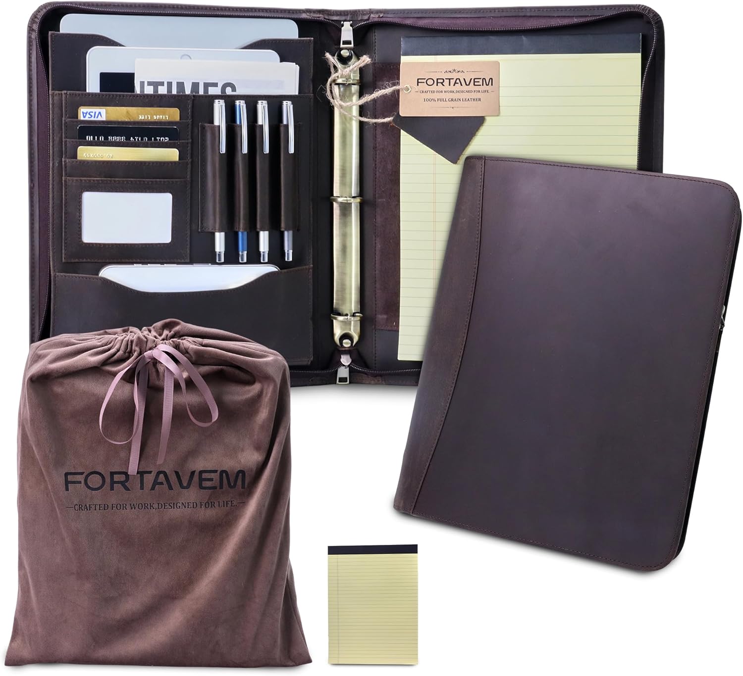 Crazy Horse Genuine Leather Zippered Padfolio with 3-Ring Binder, A4/Letter Portfolio Organizer for Work, Fits 13.9" Tablet, Business Document Folder for Meetings & Interviews (Brown)