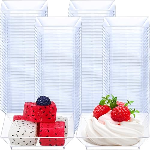 Gandeer 200 platos de postre cuadrados de 2.5 x 2.5 pulgadas, platos desechables pequeños de plástico transparente para postres ensaladas,