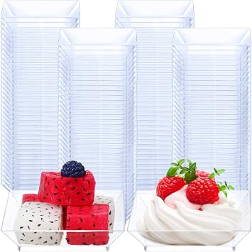 200 Pcs Mini Plastic Dessert Plates,2.5 x 2.5 Inch,Clear | Square Appetizer Plates with Ribbed Edge, Disposable for Parties Weddings, Single Serving Tastings Trays for Sampling