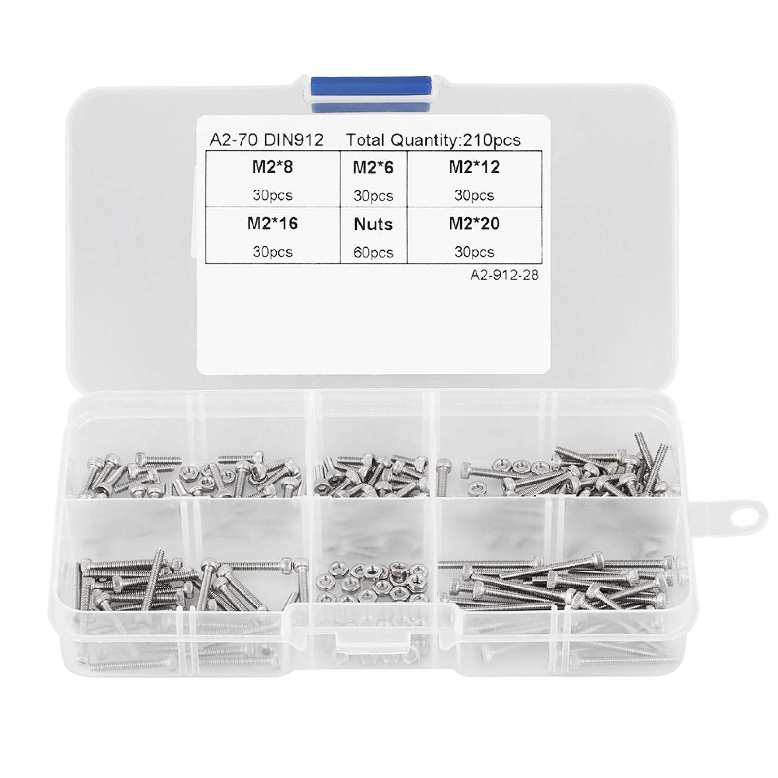 210pcs Screw Kit, Screws Nuts Assortment Screw Bolts, Nuts, High Hardness M2 304 Stainless Steel for Machinery Industry Electronics Construction