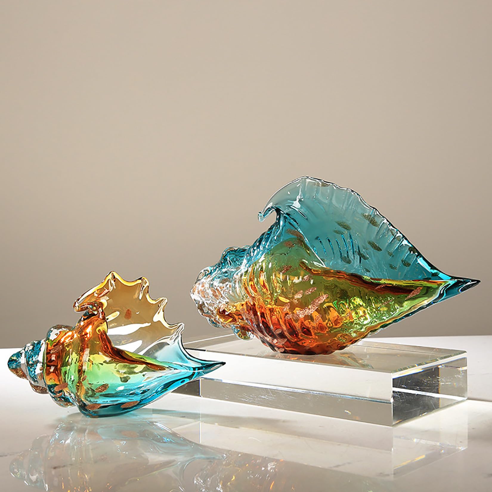 Glas Muschel Deko, Handgefertigte Glasfigur Meerestier Ornament Glaskunst Figuren für Regal Tischplatte,Multi Colored,21x14cm