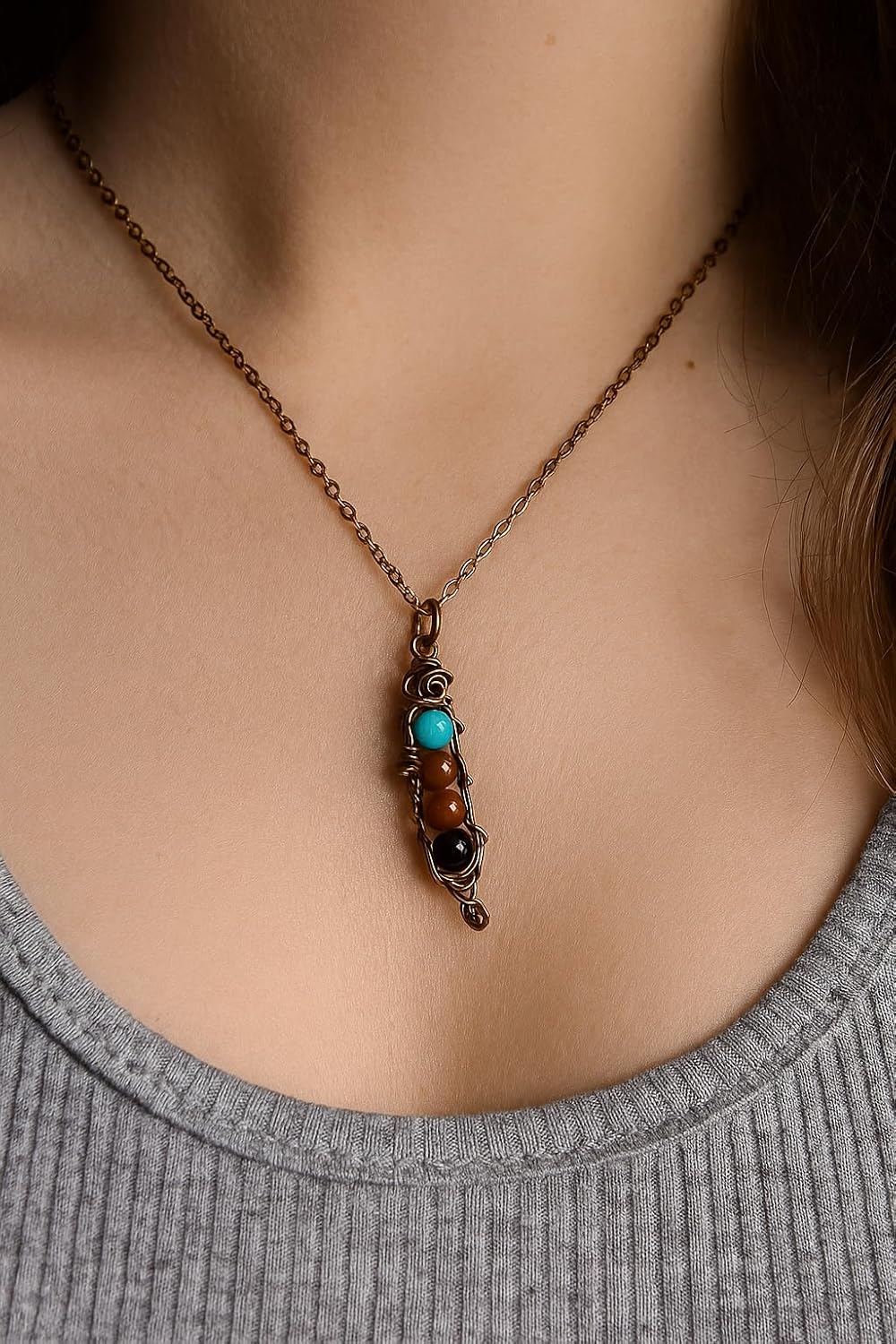 Birthstone Peas in a Pod-Customizable Gemstone PeaPod Charm (1,2,3,4,5 or 6) Necklace Wire Wrapped in your choice of wire-Mothers necklace -grandmothers pendant