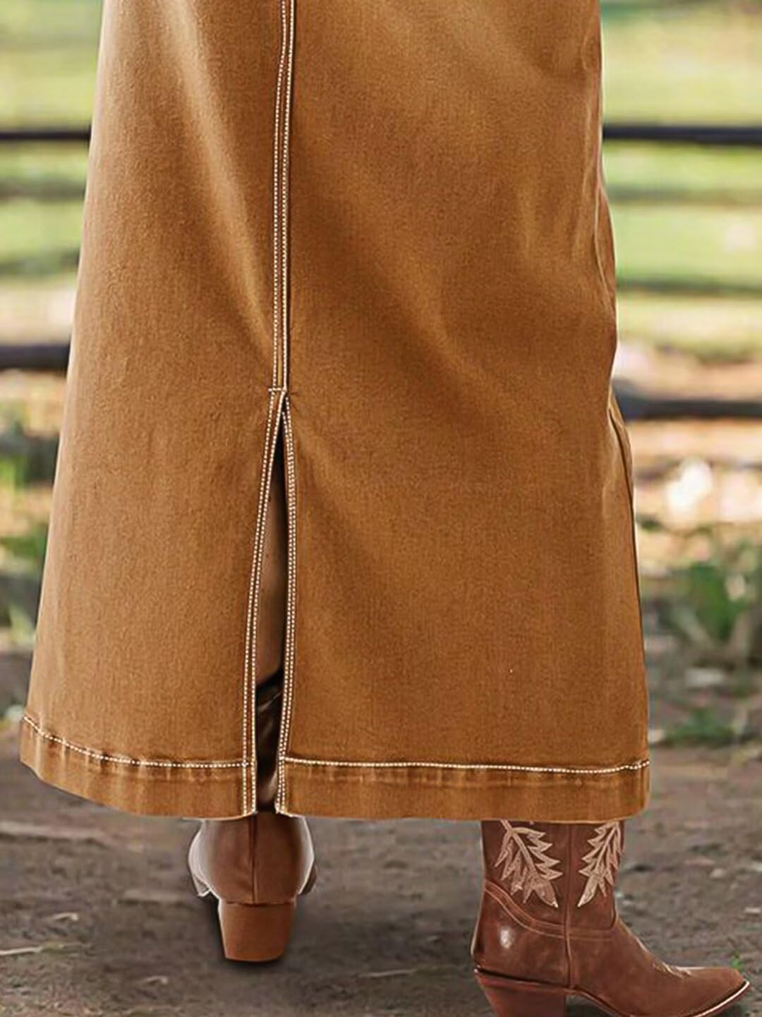 Flamingals Straigh High Rise Vintage Split Back Contrast Stitch Detail Denim Skirt