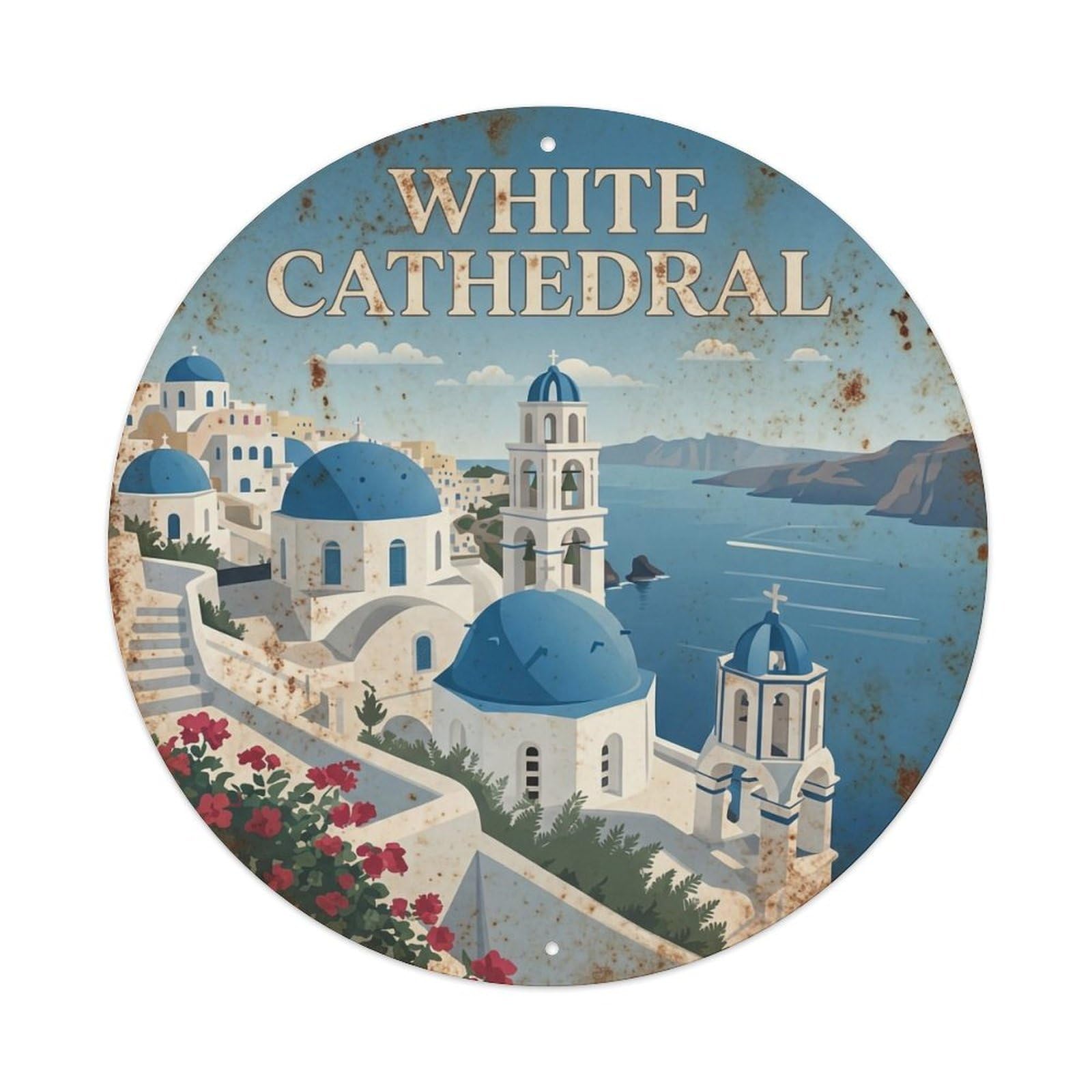Vintage Travel Cathedral Santorini White Metal Tin Sign