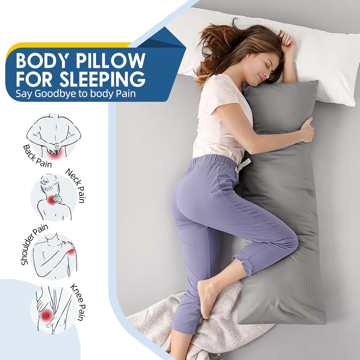 MAGIC ELEPHANT Body Pillow, Memory Foam Body Pillow for Adults, Long Pillow for Bed and Sleeping, Full Long Bed Pillow Insert with Cover (Grey, 20x54 Inch)