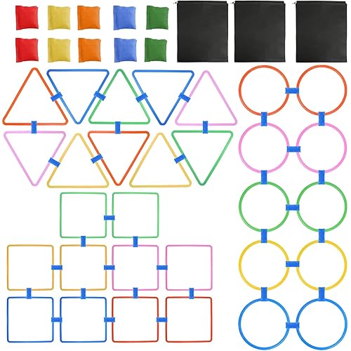 3 Set Hopscotch Ring Game Set with Connectors Multi Colored Plastic Rings Squares Triangle for Kids Agility and Balance Training Obstacle Course, Indoor Outdoor Activity, Birthday Fun Play
