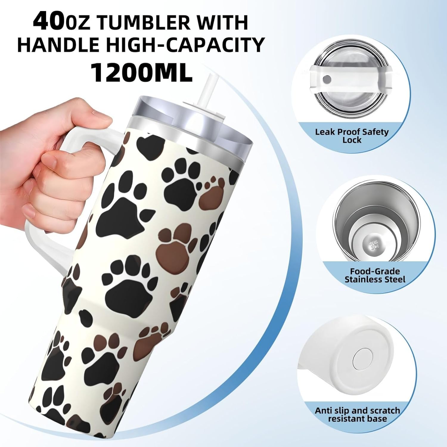40 OZ Dog Paw Prints Print Ice Bully Cup with Handle Straw Lid Straw,Stainless Steel Tumbler Coffee Cup