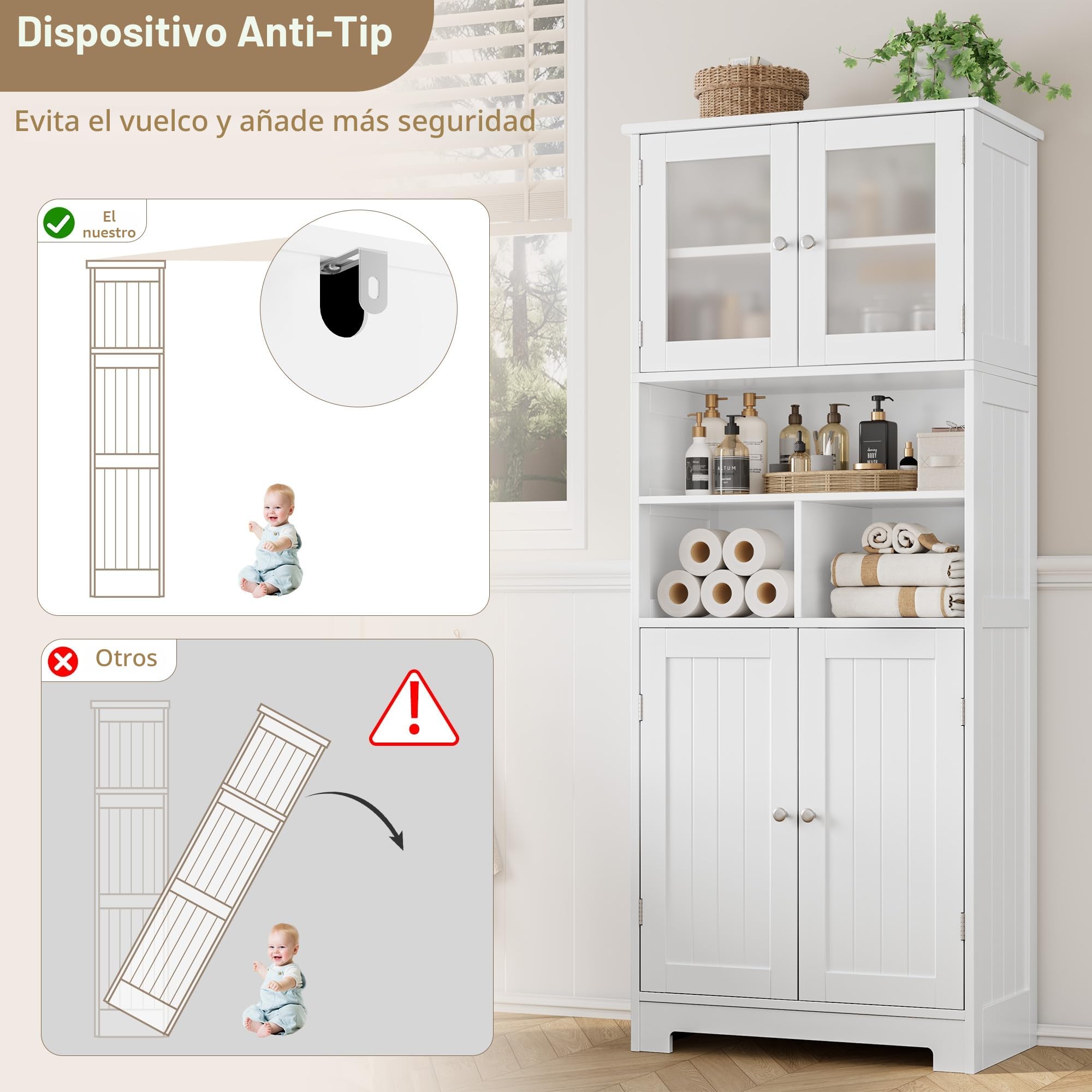 HOCSOK Mueble Columna de Baño, Mueble Auxiliar de Almacenaje con 4 Puertas y Compartimentos de Almacenamiento, Armario de Madera de Suelo para Entrada, Salón y Cocina, Blanco