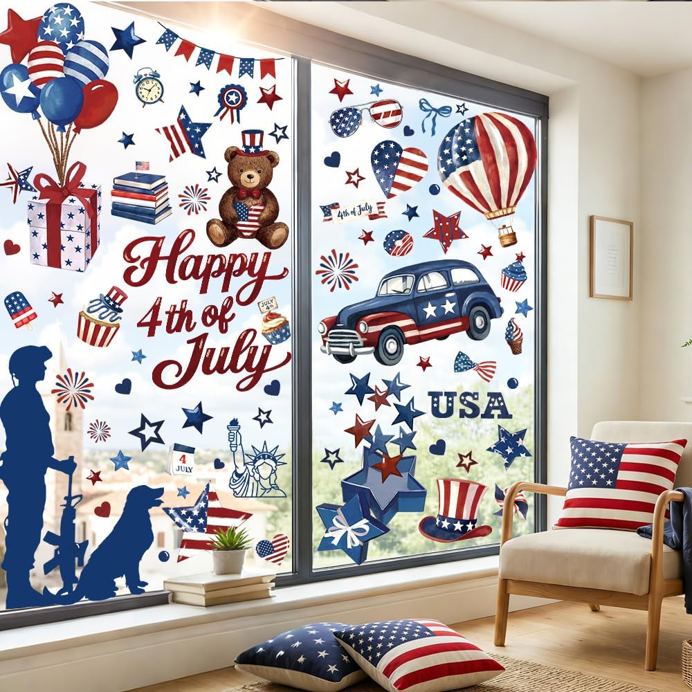 DIYDEC 8 Sheets 4th of July Window Clings Patriotic Memorial Day Window Stickers American Flags Stars Firework 250th Anniversary Decals for Independence Day Home Party Decoration
