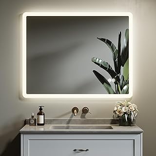 HOROW Badspiegel mit Beleuchtung 90x70 cm Antibeschlag, Ohne Rahmen, Rundecken, Dimmbarer LED Spiegel mit Touch, Wandspiegel für Badezimmer