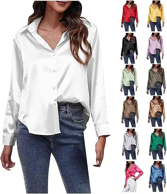 Chemisier en Satin Femme Chic et Élégant - Blouse Fluide Manches Longues Col V