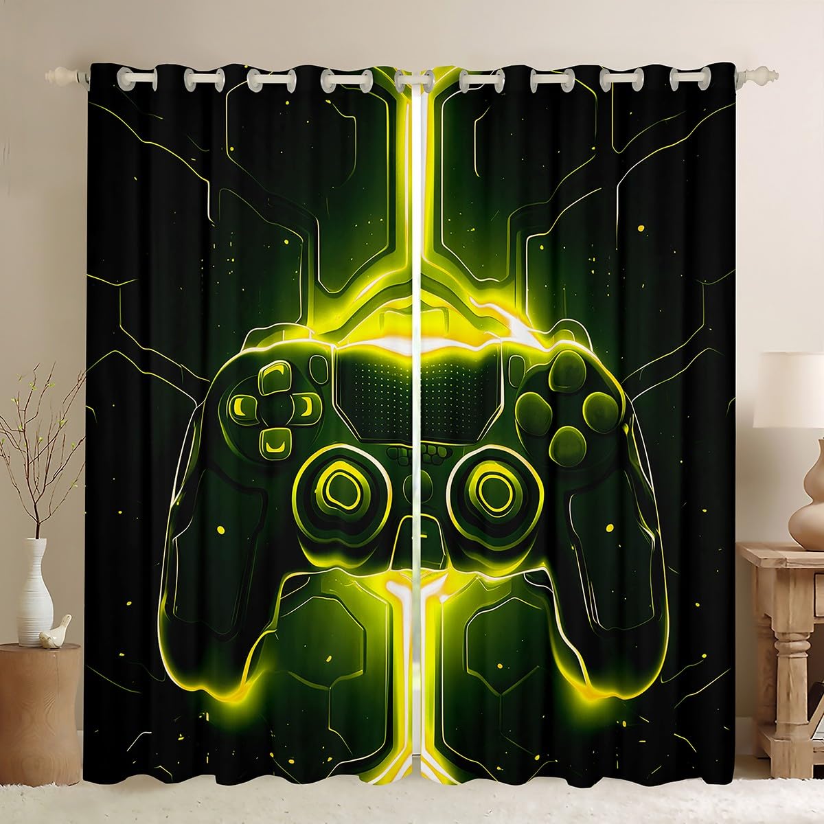 Homemissing Kids Boys Gaming Curtains Game Console Window Curtains for Living Room for Kids Teens Boys Girls Geometric Video Game Window Drapes Yellow Gamer Blackout Curtains, W52*L63,2 Panels