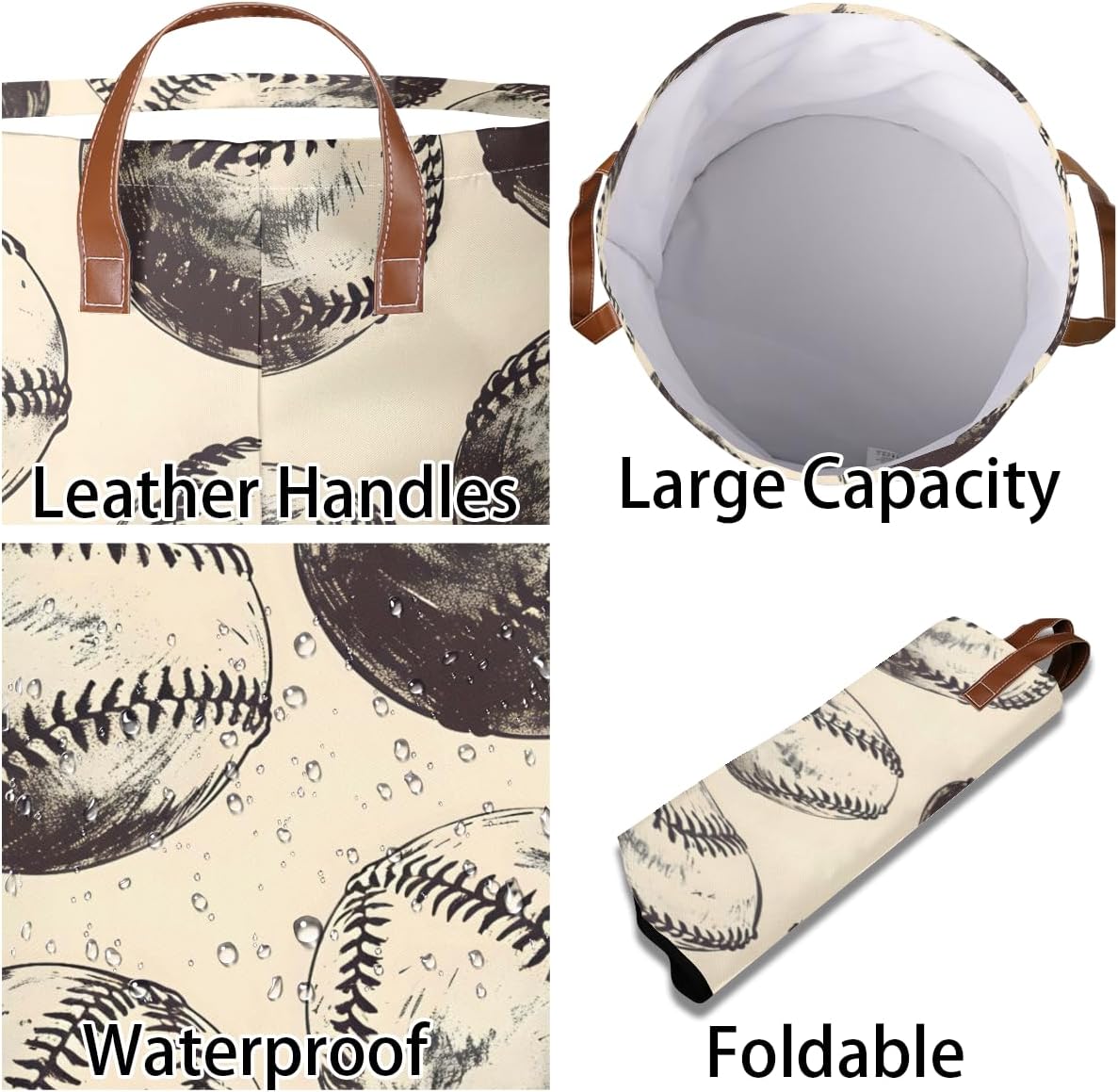 Vintage BaseBall Laundry Basket Collapsible Laundry Hamper with Handles Ball Sport Clothes Storage Bin for Bathroom, Bedroom, Living Room