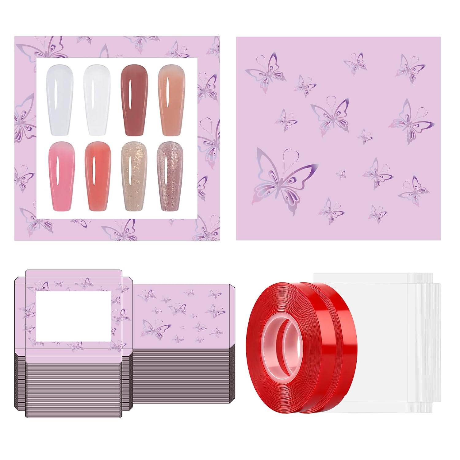 ANGNYA 72PCS Empty Press On Nail Packaging Box Contains 35PCS Butterfly Press On Nail Boxes, 35PCS White Display Cards, 2PCS Double Sided Tapes, Nail Tip Storage Case for Business