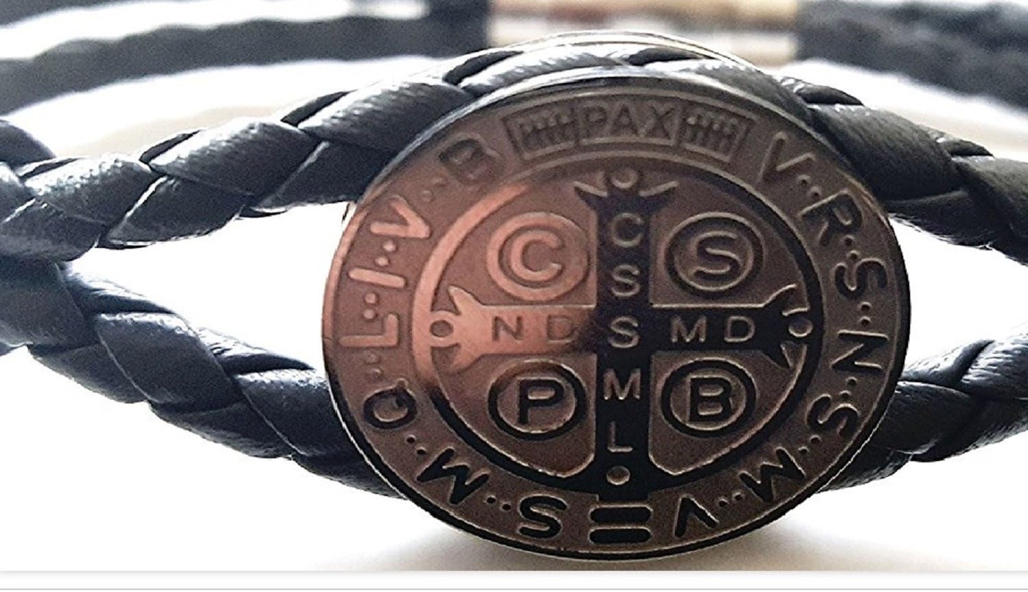 Genuine Leather Protection St. Benedict Double Sided Medal Bracelet Bangle Magnetic Clasp