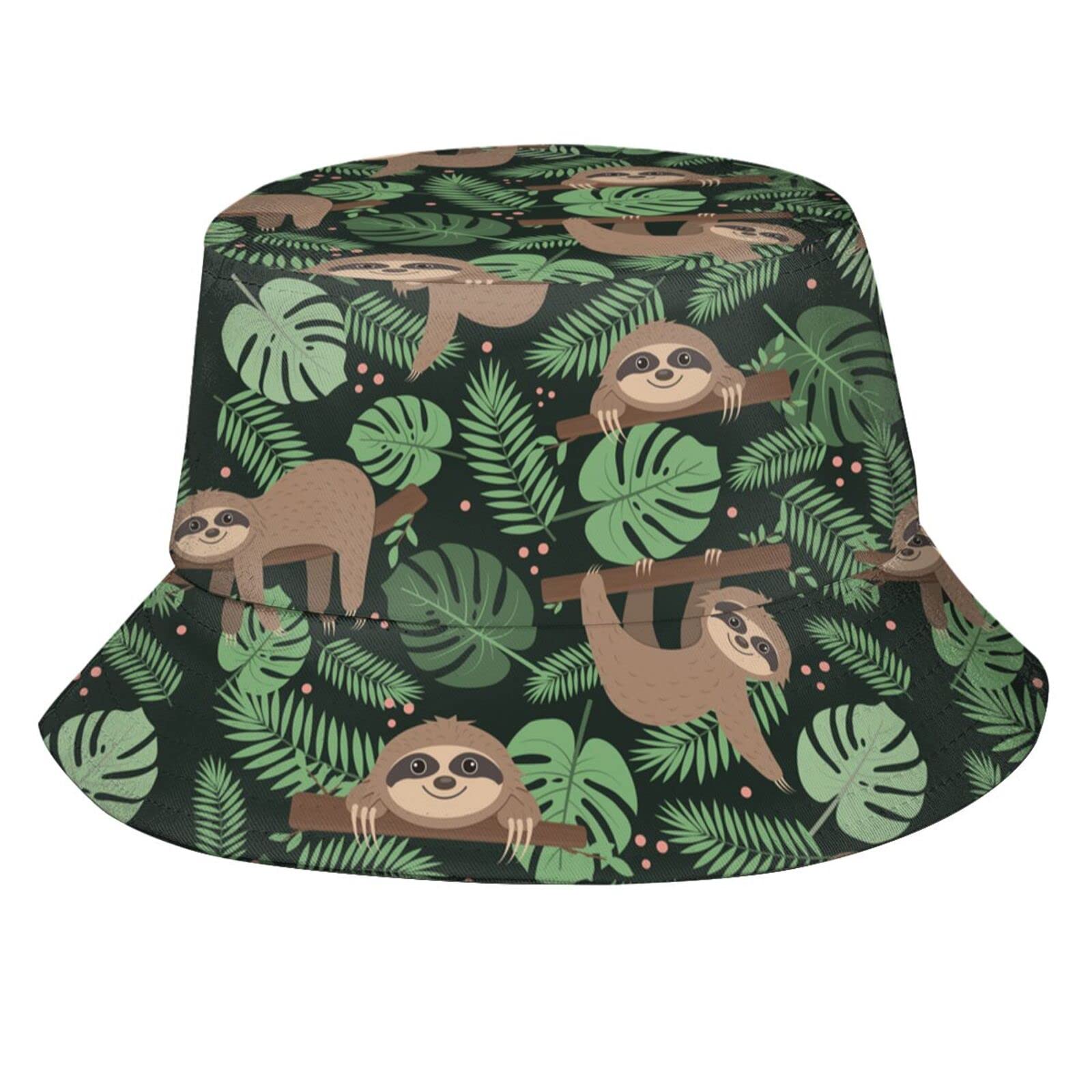 Aooedm Unisex Sloth And Tropical Leaves Sloth Animal Bucket Hat, Summer Beach Sun Hat Fisherman Hats For Women Men Teens, Packable Outdoor Cap