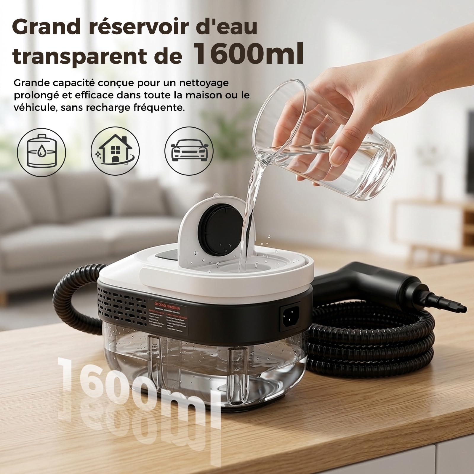 Nettoyeur Vapeur Portable 2500W avec Réservoir 1.6L, Nettoyeur Haute Pression 3 Bars 3 Niveaux Réglables avec 14 Accessoires pour Sol Cuisine Canapé Voiture Vitres