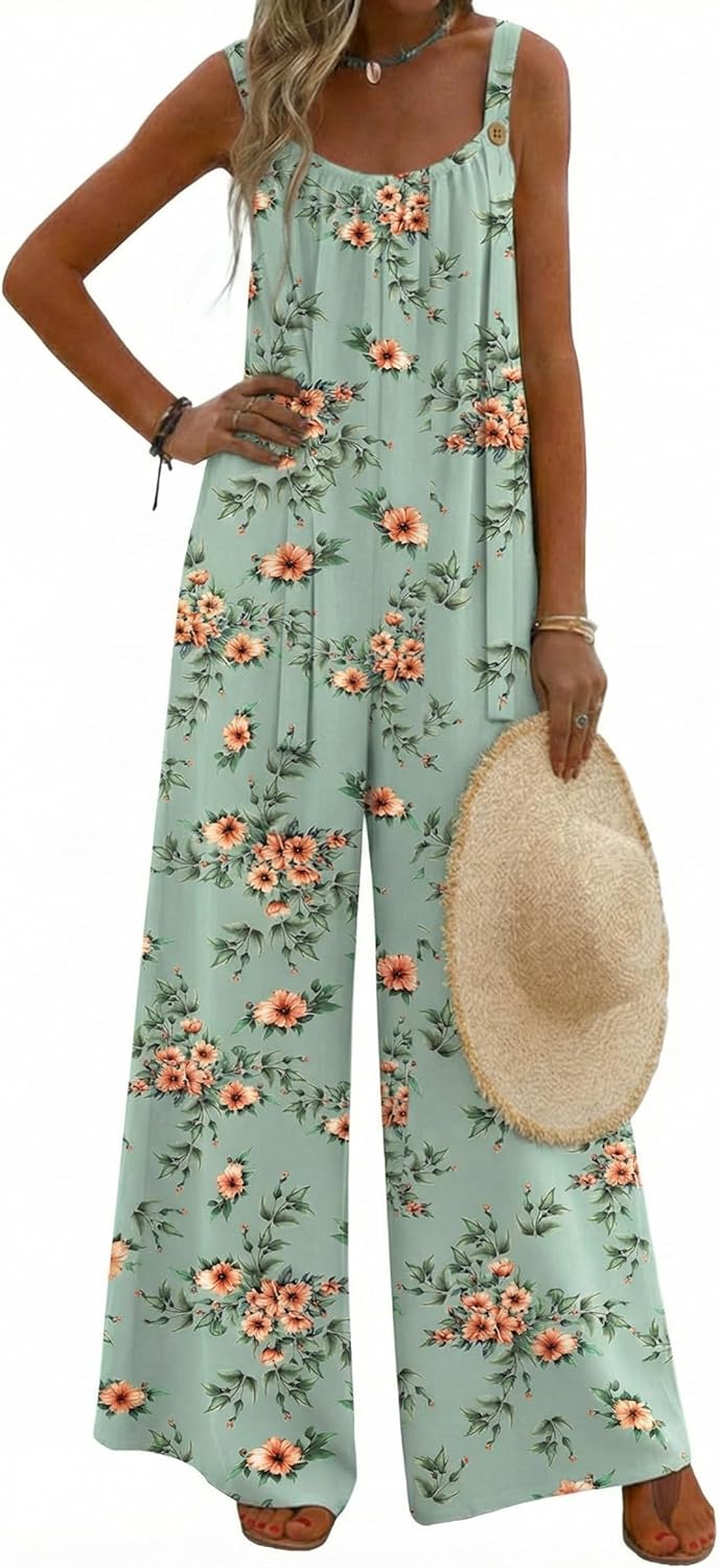 Ekouaer Women's Casual Overalls Boho Floral Loose Wide Leg Jumpsuits Summer Pleated Outfits with Pockets