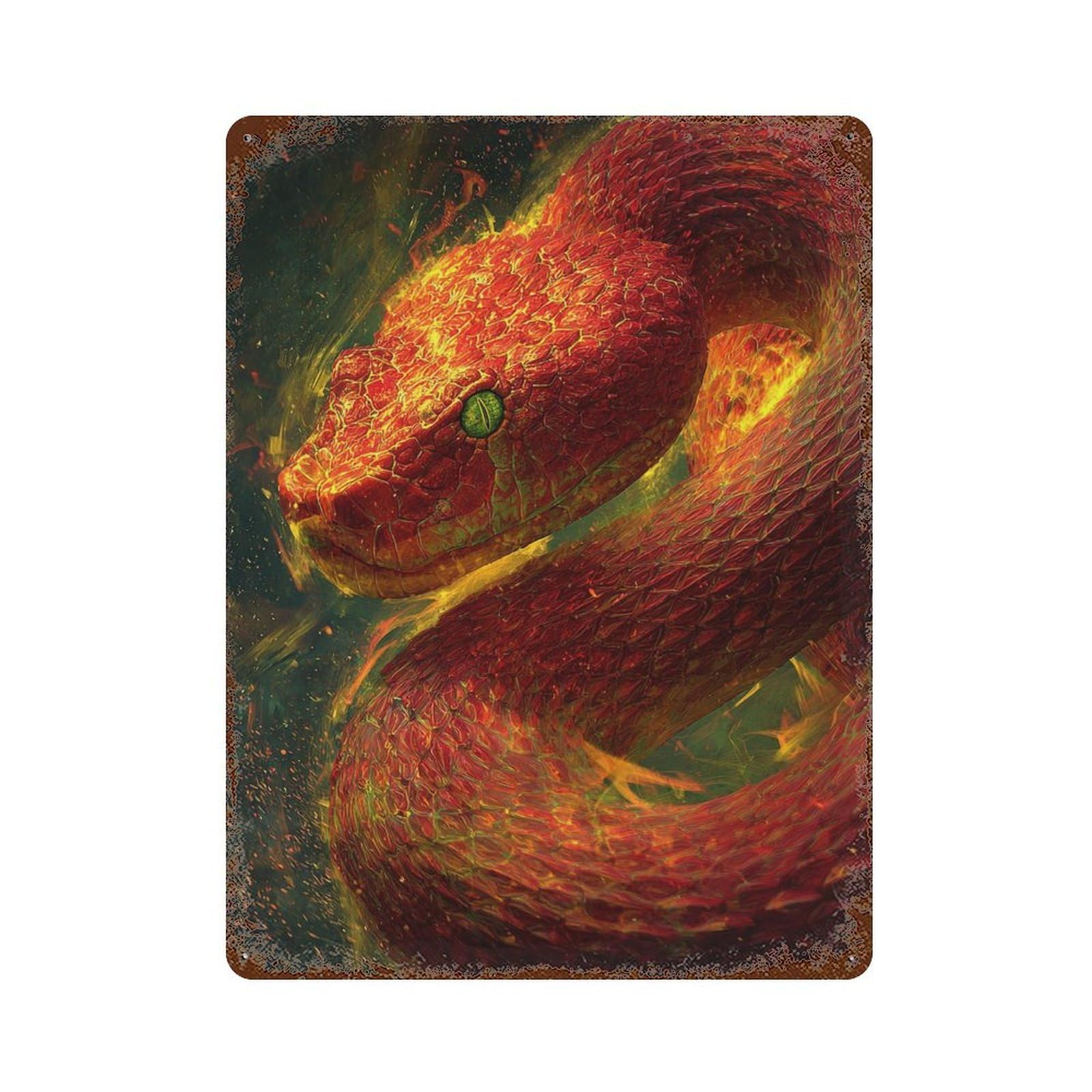 Rustic Tin Plaque Fiery Serpent Artwork 15.7"x11.8", Retro Wall Decor for Shed, Workshop And Garage Wall Decor